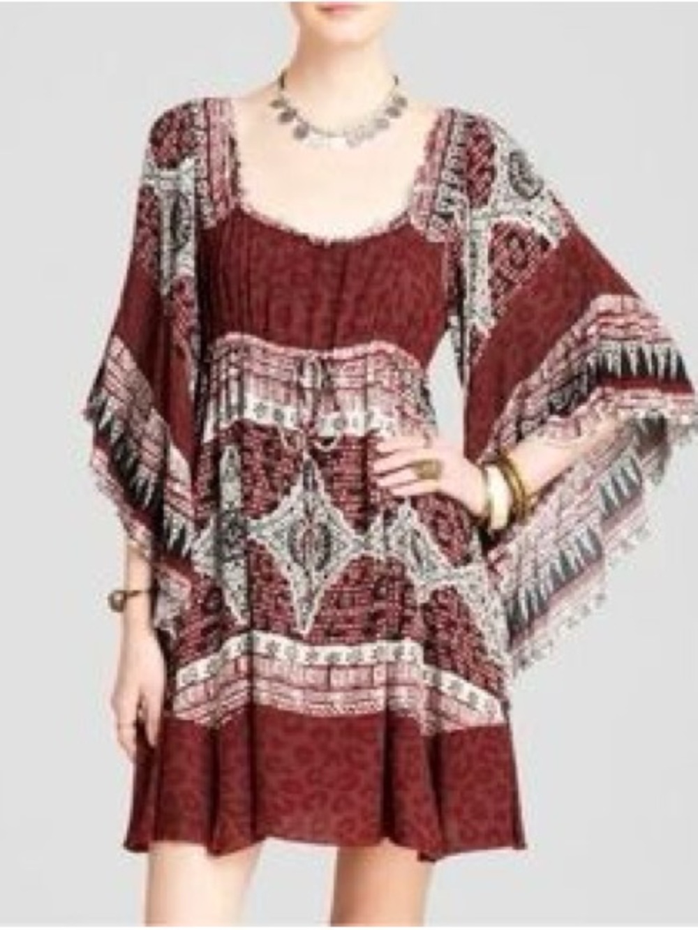 Boho Square-Neck Maroon Printed Women’s Tunic Dress